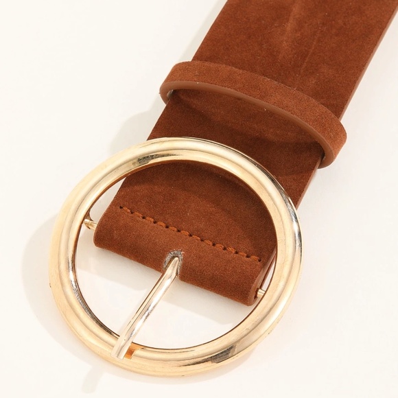 Classic Brown Vegan Suede Gold Tone Circle Buckle Belt